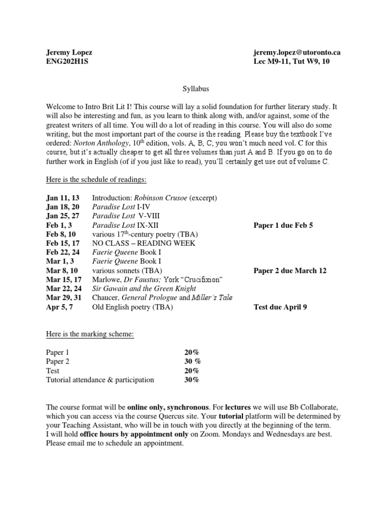 ENG202 Syllabus: Intro Brit Lit I | PDF | Lecture
