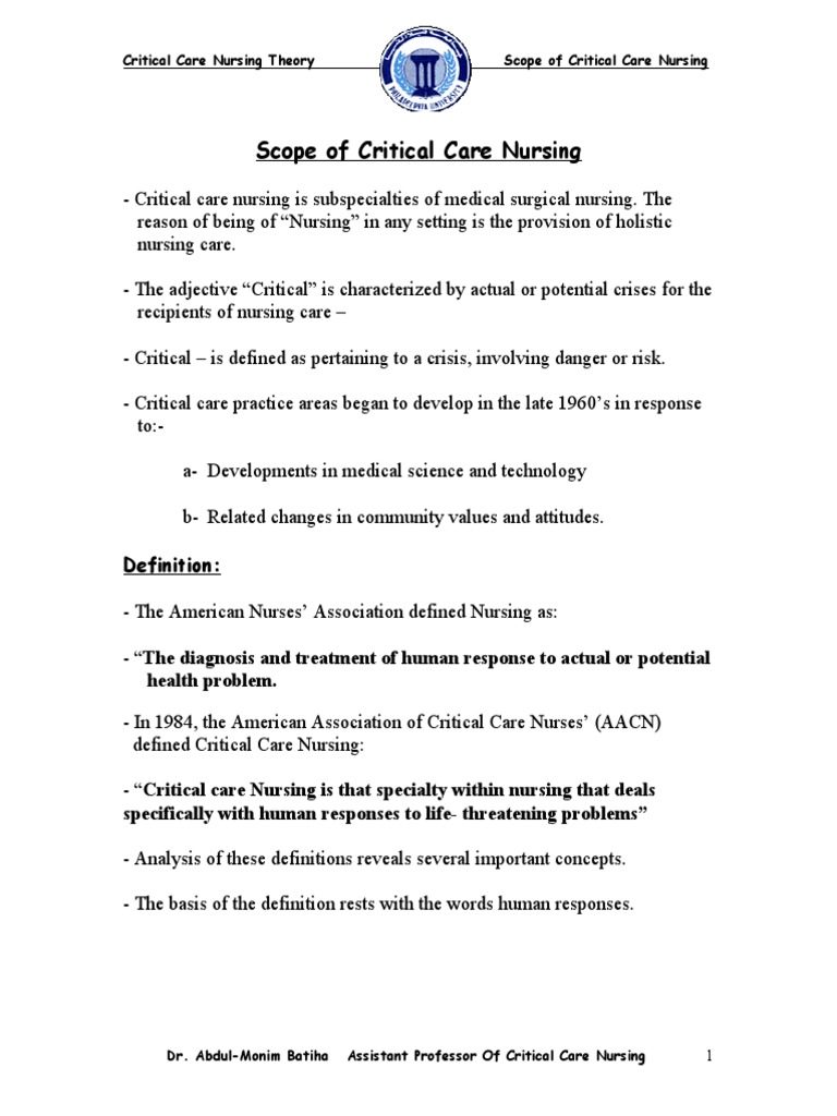 1- Scope of Critical Care Nursing | PDF
