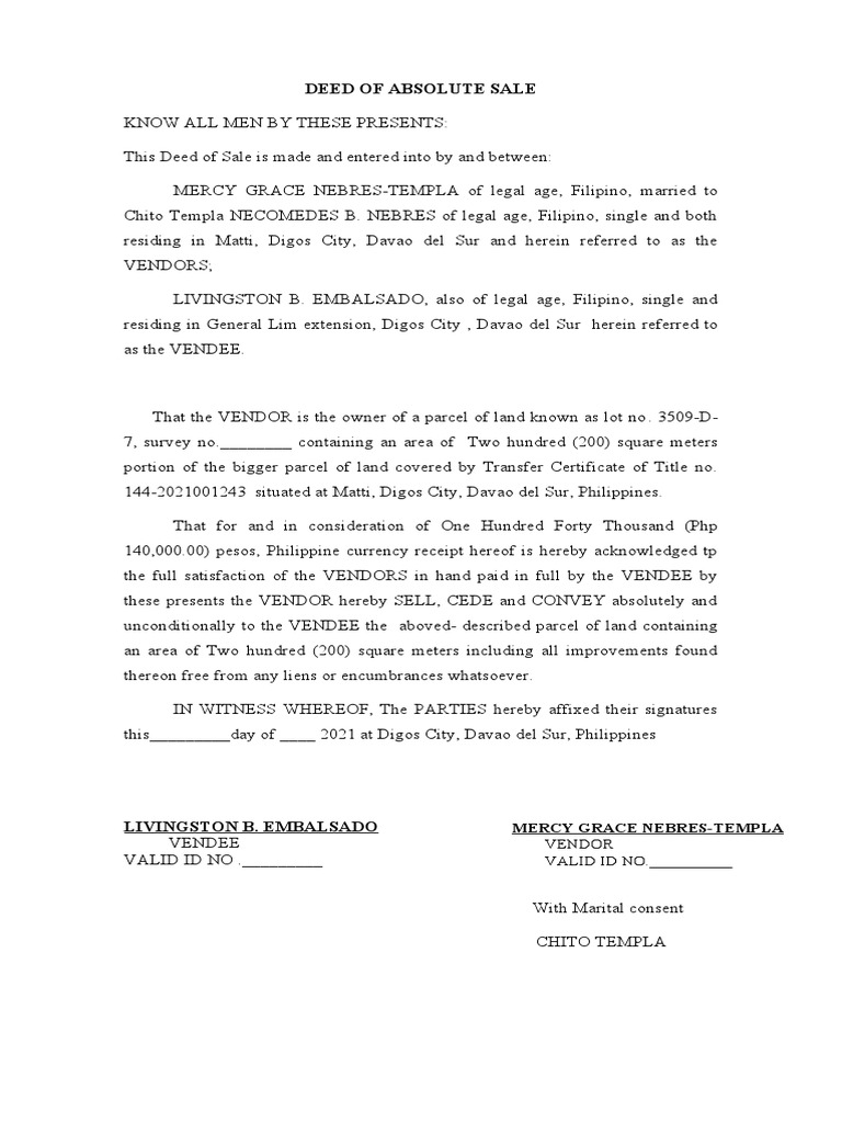 Deed of Absolute Sale in Digos City | PDF | Land Law | Environmental Law