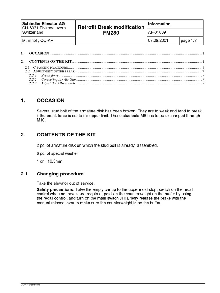Brake Retrofit Kit FM280S AF01009 English Ae1 PDF