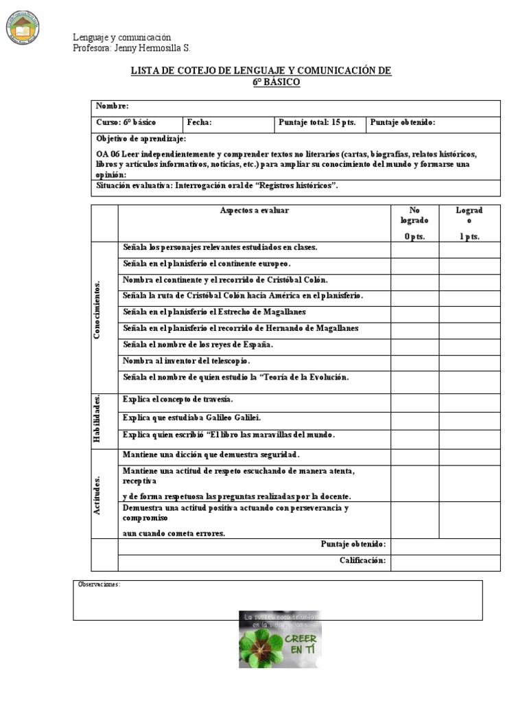 Cotejo de Lenguaje 6° Básico: Evaluación | PDF