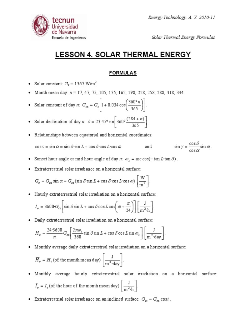 Solar Thermal Energy Formulas | PDF | Solar Energy | Water Heating