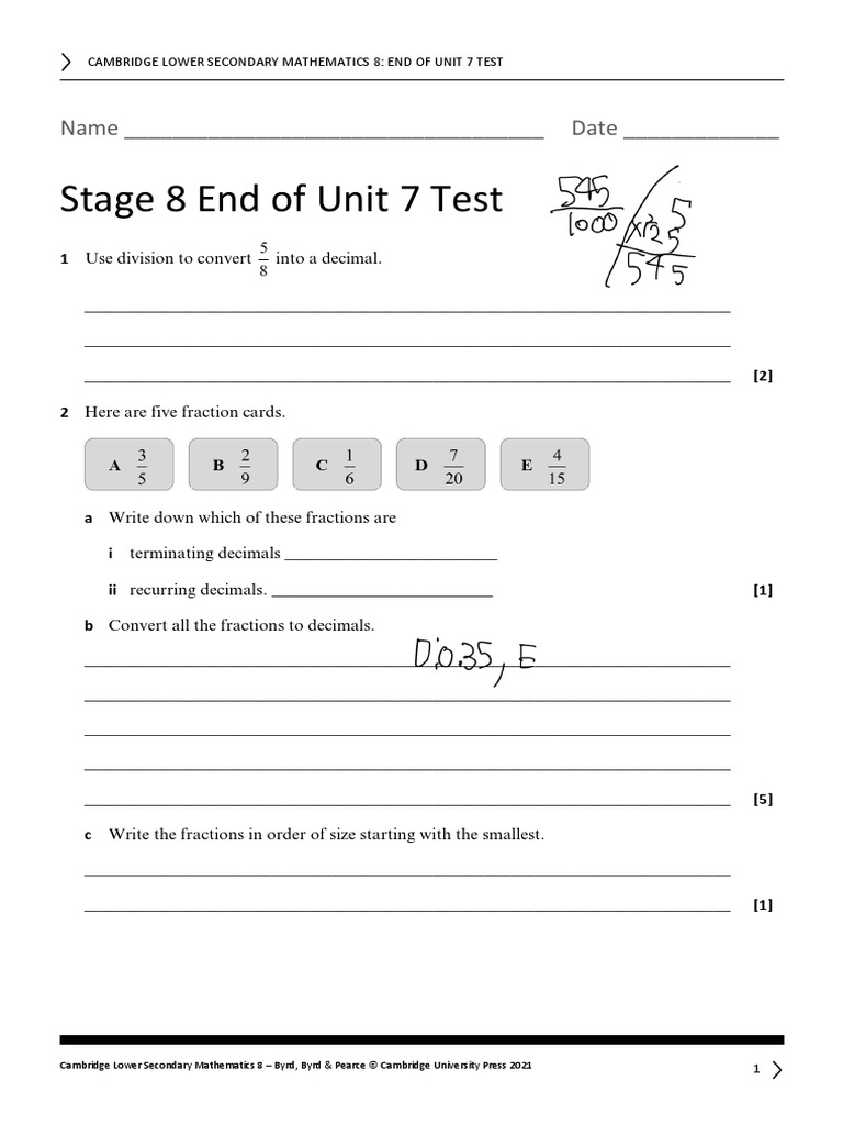 Stage 8 End of Unit 7 Test | PDF | Speed | Arithmetic