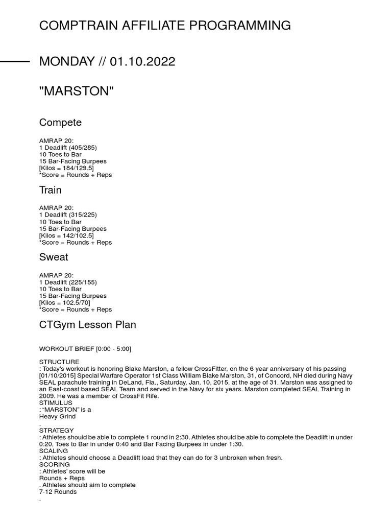 CompTrain Marston WOD Overview | PDF | Kettlebell | Weight Training