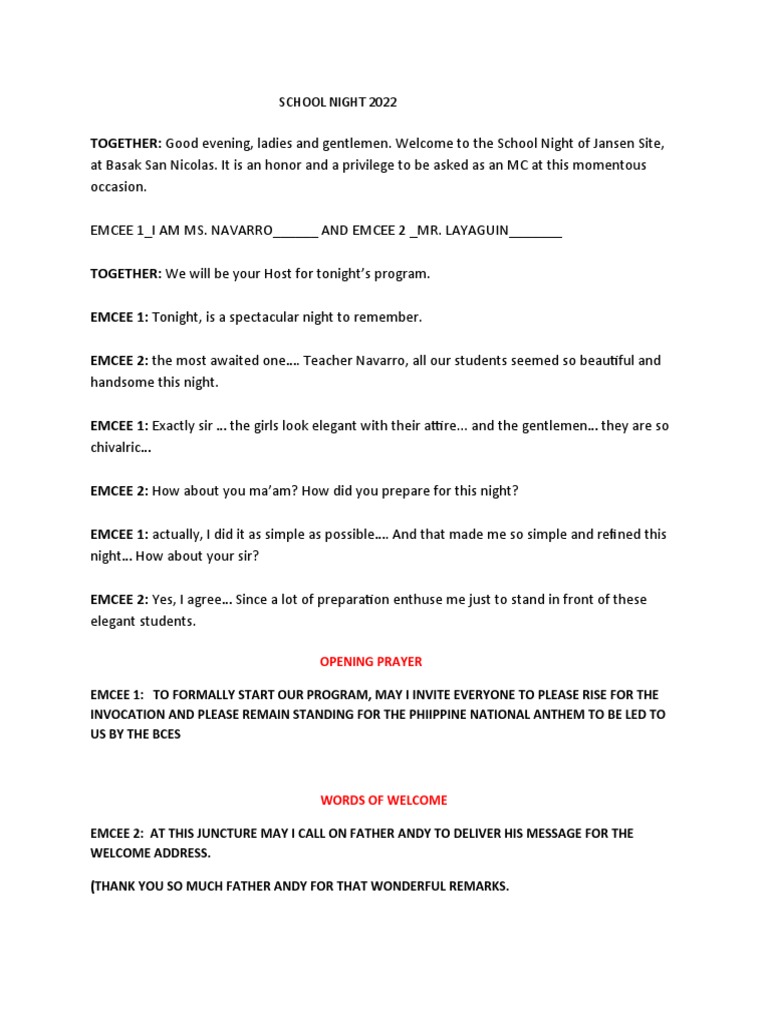 Emcee Script for School Night 2022 | PDF | Foreign Language Studies | Art