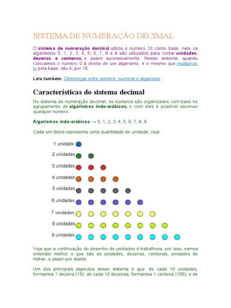 Características do Sistema Decimal | PDF | Decimal | Matemática