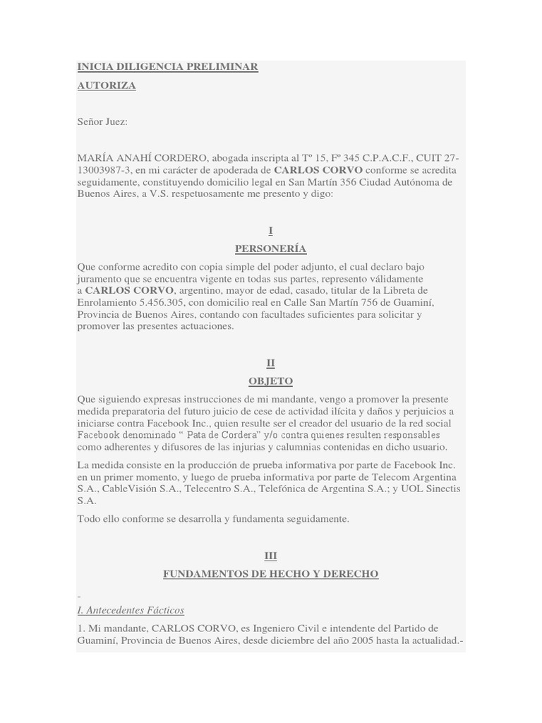 Modelo diligencia preliminar pdf