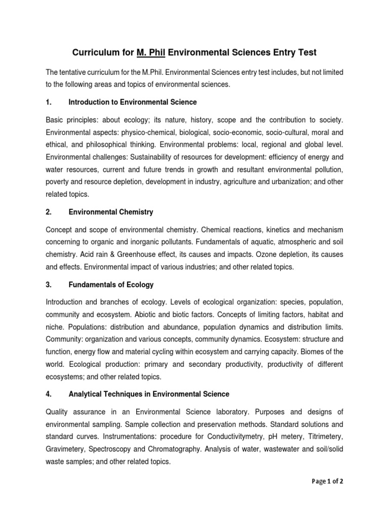 Entry Test Curriculum MPhil Environmental Sciences UET PDF