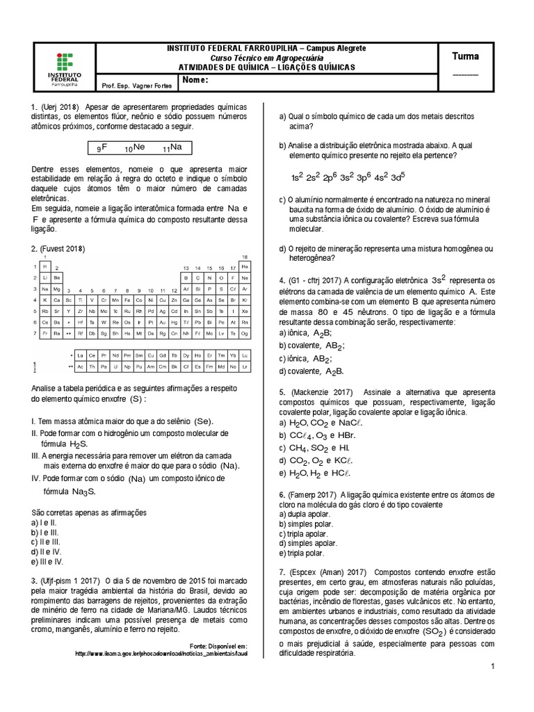 Atividades sobre Ligações Químicas | PDF