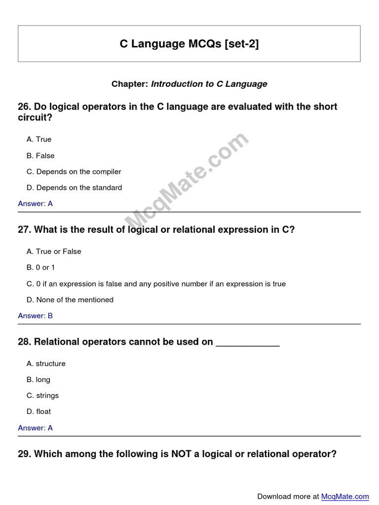 C Language MCQs Set 2: Key Concepts | PDF | C (Programming Language ...