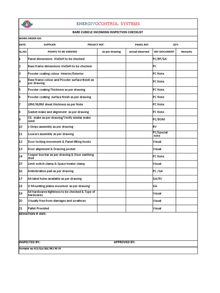Bare Cubicle Inspection Checklist PDF Manufactured Goods