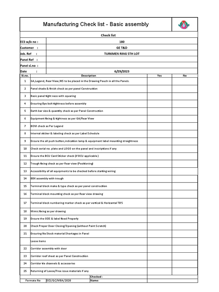 Assembly Checklist for Manufacturing | PDF