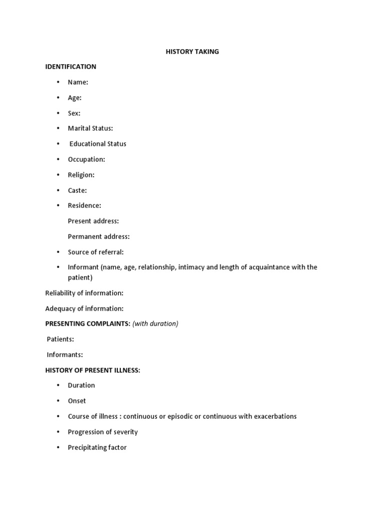 Psychiatry History Taking Format Pdf Abnormal Psychology Diseases