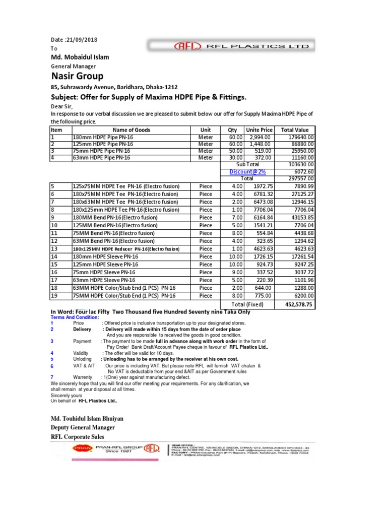 HDPE Pipe & Fittings RFL Catalogue Download Free PDF Payments Cheque