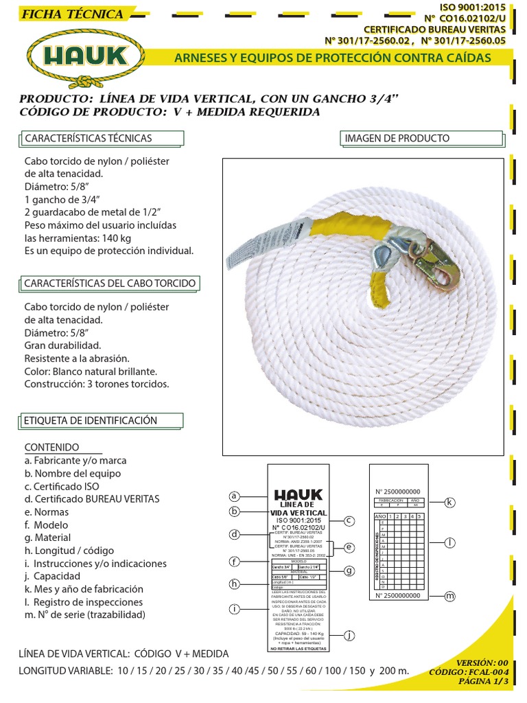 Hauk – Arneses y equipos de protección contra caídas » Línea de vida/conexión  con amortiguador de caída factor 1, cabo torcido de nylon/poliéster de 5/8″  y dos ganchos de 3/4″