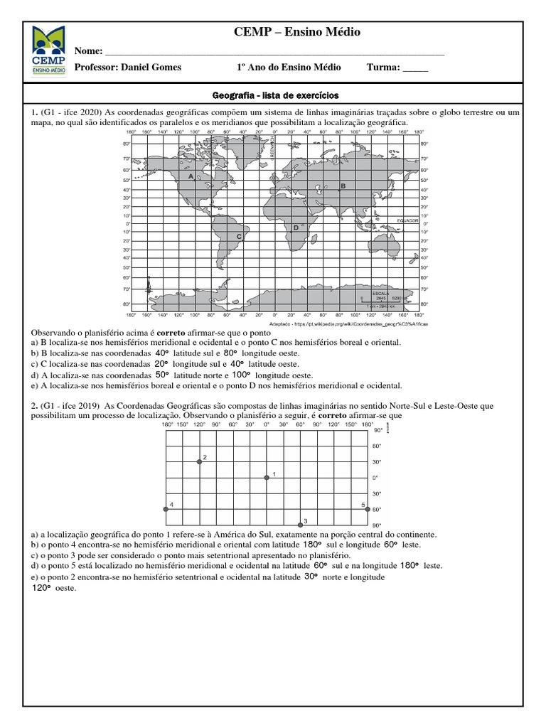 Exercícios de Coordenadas Geográficas | PDF | Métodos y materiales de ...