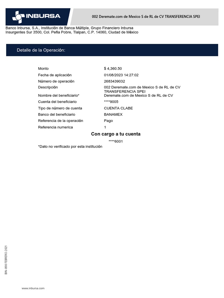 Transferencia SPEI a Deremate.com México | PDF