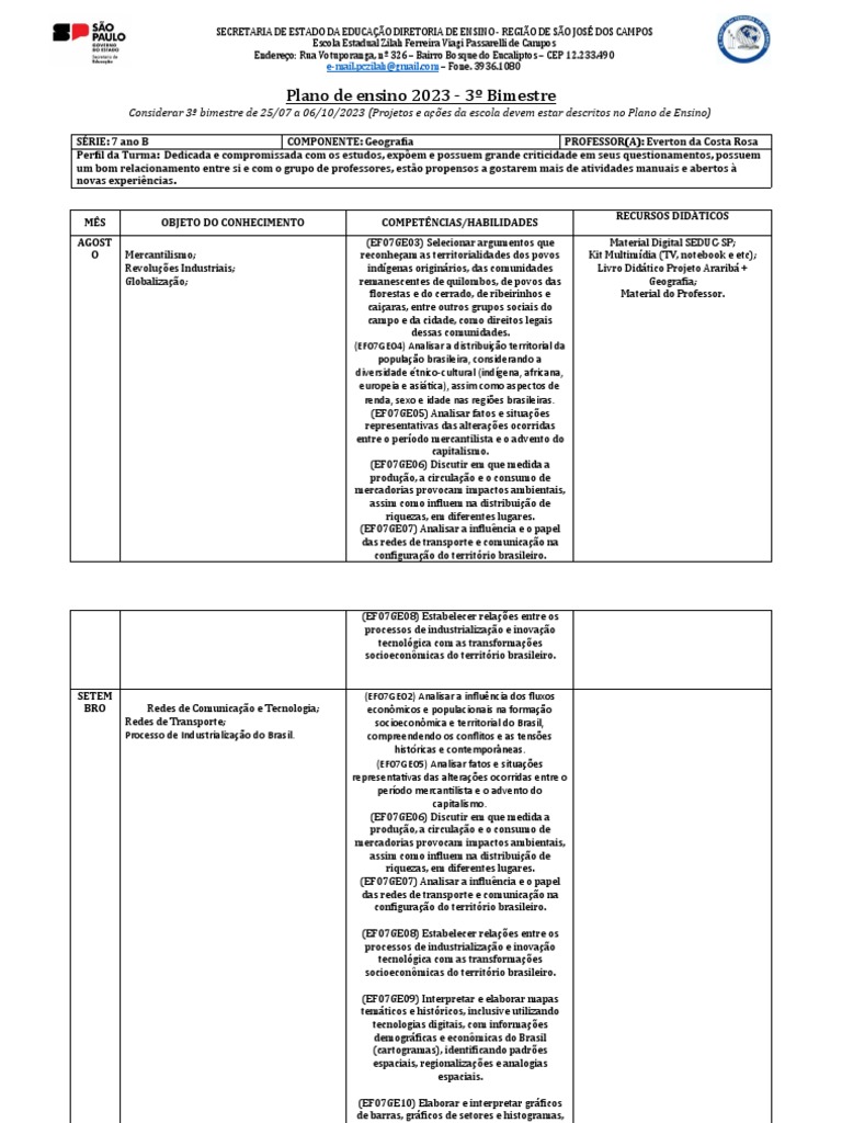 Plano de Ensino Geografia 7º Ano B 2023 | PDF | Brasil | Capitalismo