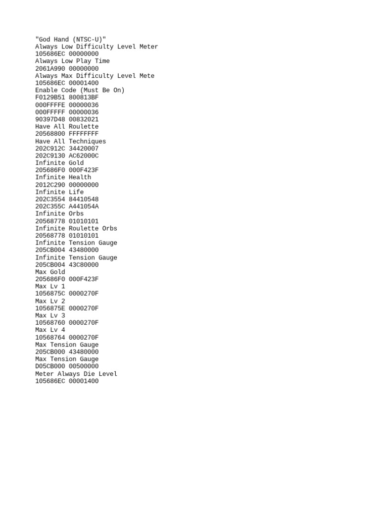 God Hand Cheat Codes for SLUS-21503 | PDF