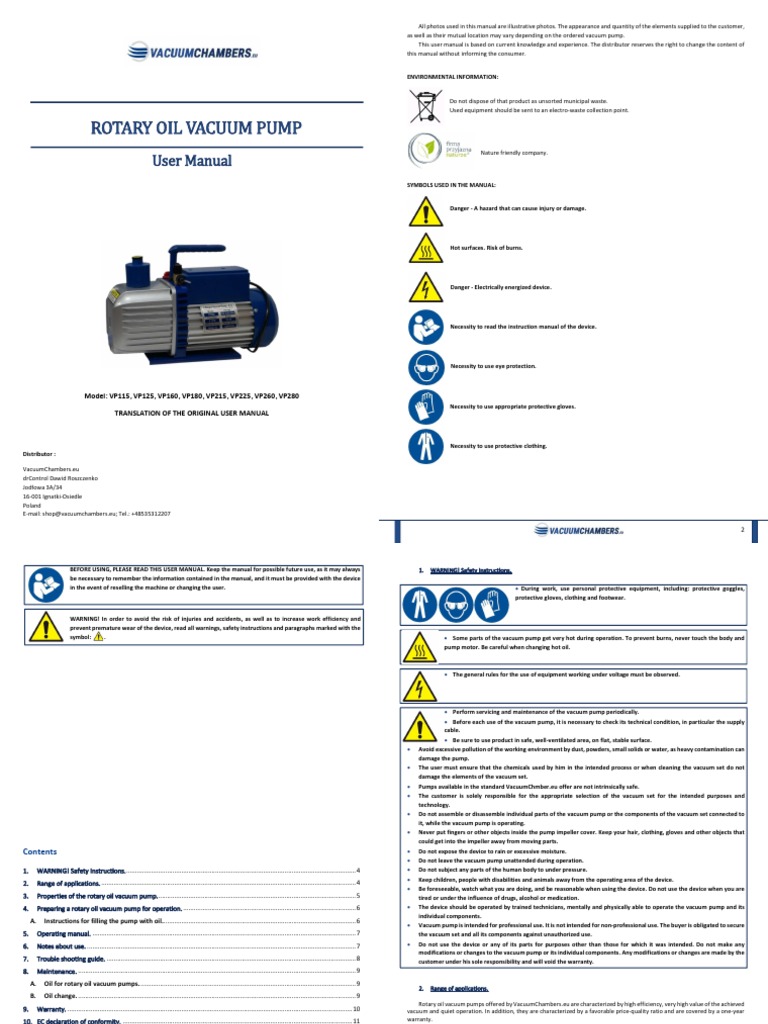 VP260 Vacuum Pump User Manual | PDF | Pump | Vacuum