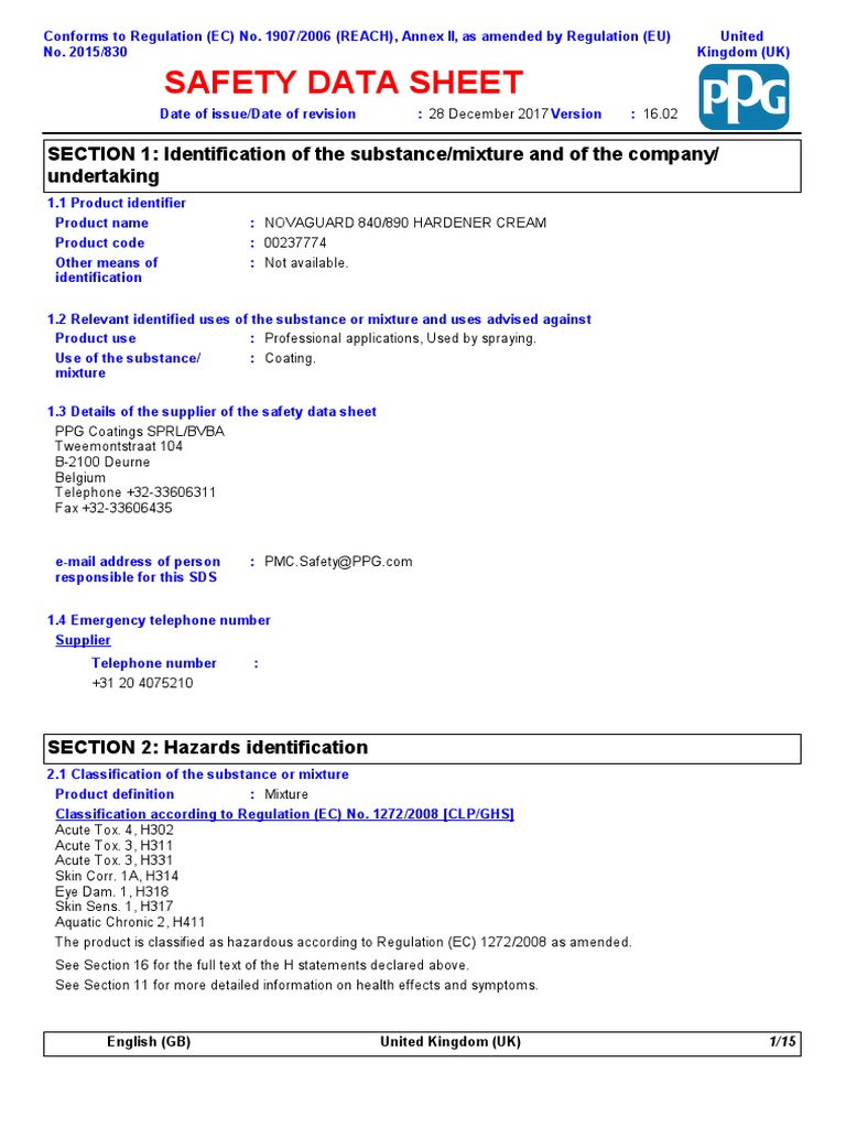 Sigma Novaguard 890 Hardener MSDS PDF