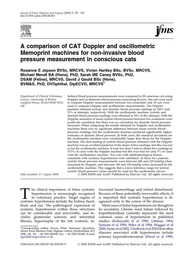 Jepson Et Al 2005 A Comparison of Cat Doppler and Oscillometric