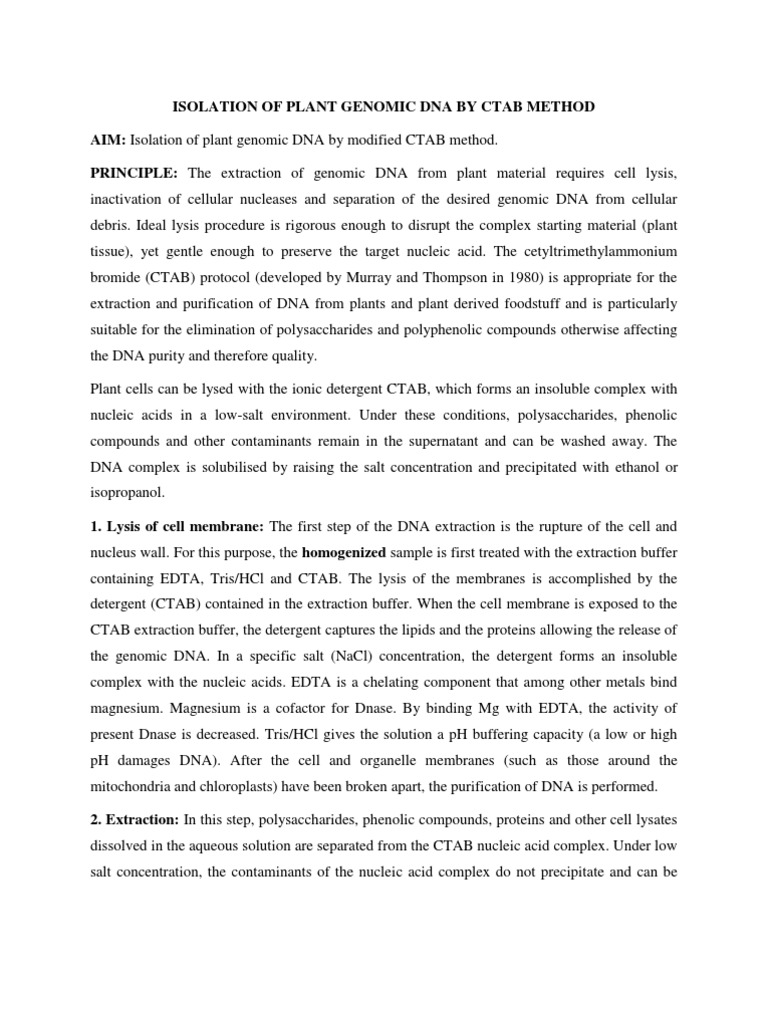 Isolation of Plant Genomic Dna by Ctab Method | PDF | Chemistry | Biology