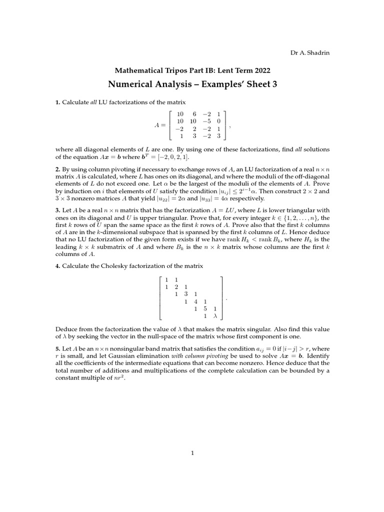 Numerical Analysis - Examples' Sheet 3: Mathematical Tripos Part IB ...