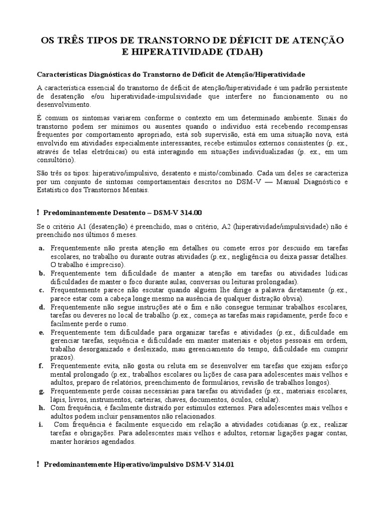 Os 3 Tipos De Tdah Download Grátis Pdf Transtorno De Déficit De