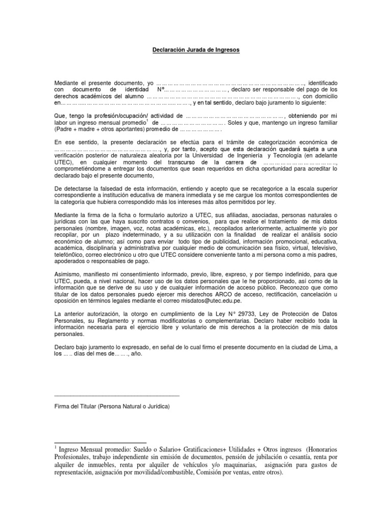 Declaración Jurada de Ingresos UTEC | PDF | Ciencias sociales | Derecho