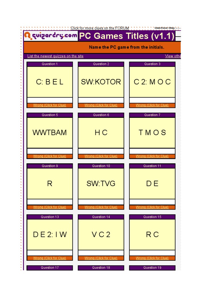 PC Games Quiz Quiz Games Educational Materials