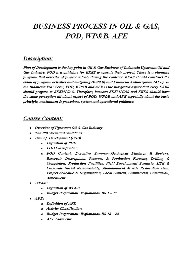 Business Process in Oil & Gas, POD, WP&B, AFE | PDF