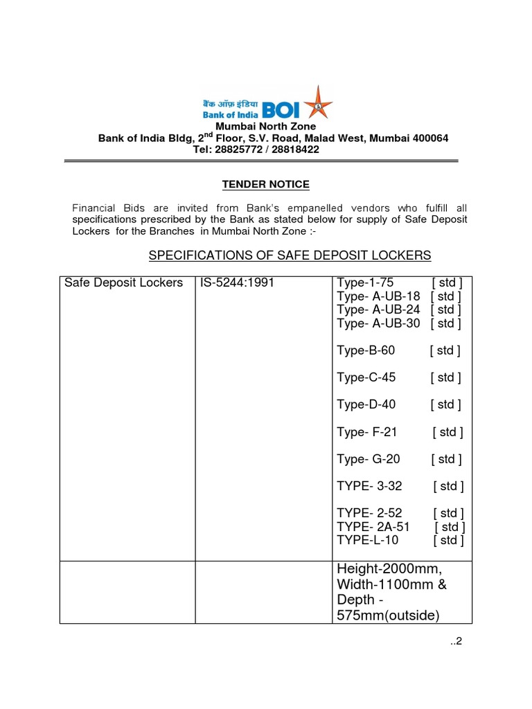 Safe deposit lockers tender pdf signature banks