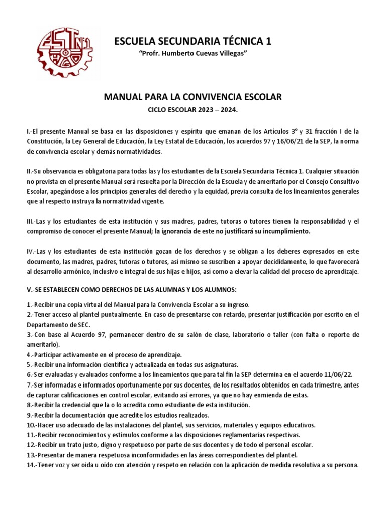 Manual de Convivencia Escolar 2023-2024 | PDF | Ciencias sociales ...