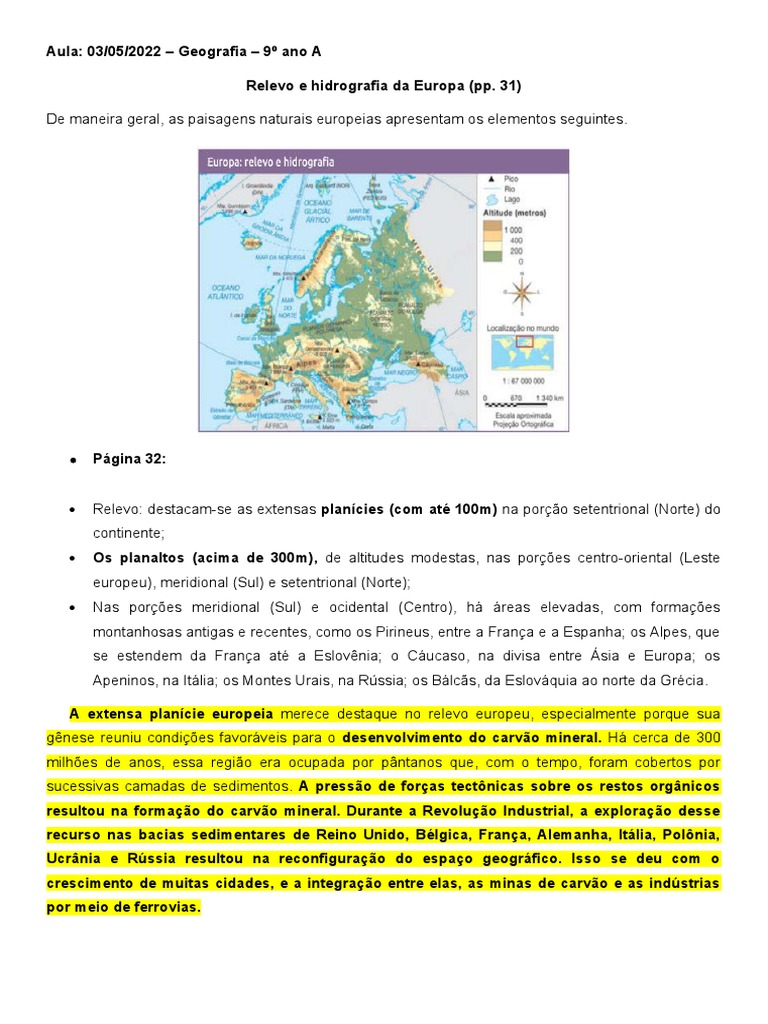 A altitude na influência do clima na Europa e Ásia - Planos de aula - 9º  ano – Geografia