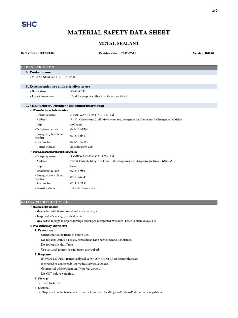 Metal Sealant Safety Data Sheet PDF Firefighting Safety