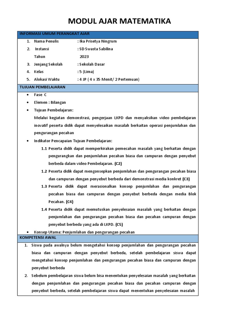 Modul Ajar Matematika Kelas 5 Pecahan | PDF | Karier & Perkembangan | Seni