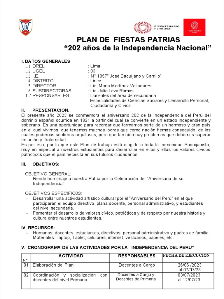 Plan Fiestas Patrias 2023 Primaria Pdf