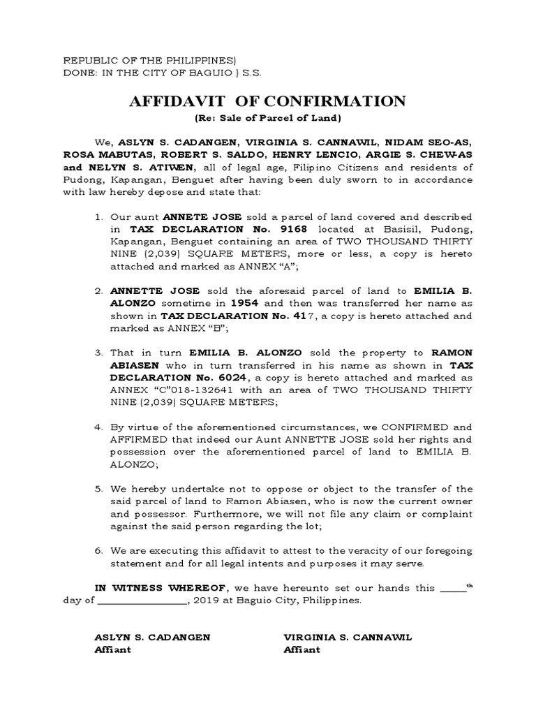 Affidavit of Land Sale Confirmation | PDF | Affidavit | Government