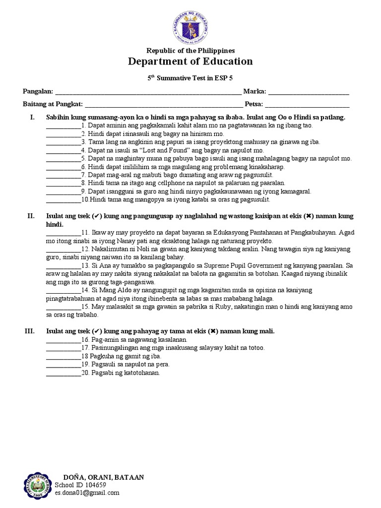 5th Summative Test in ESP 5 | PDF