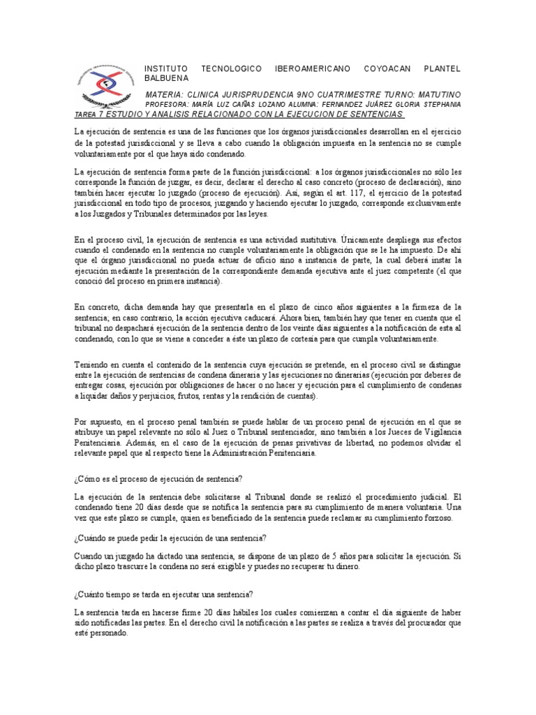 Ejecución de Sentencias en Proceso Civil | PDF | Sentencia (ley) | Pena ...