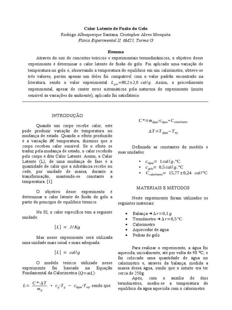 Calor Latente de Fusão Do Gelo - Lab2 | PDF
