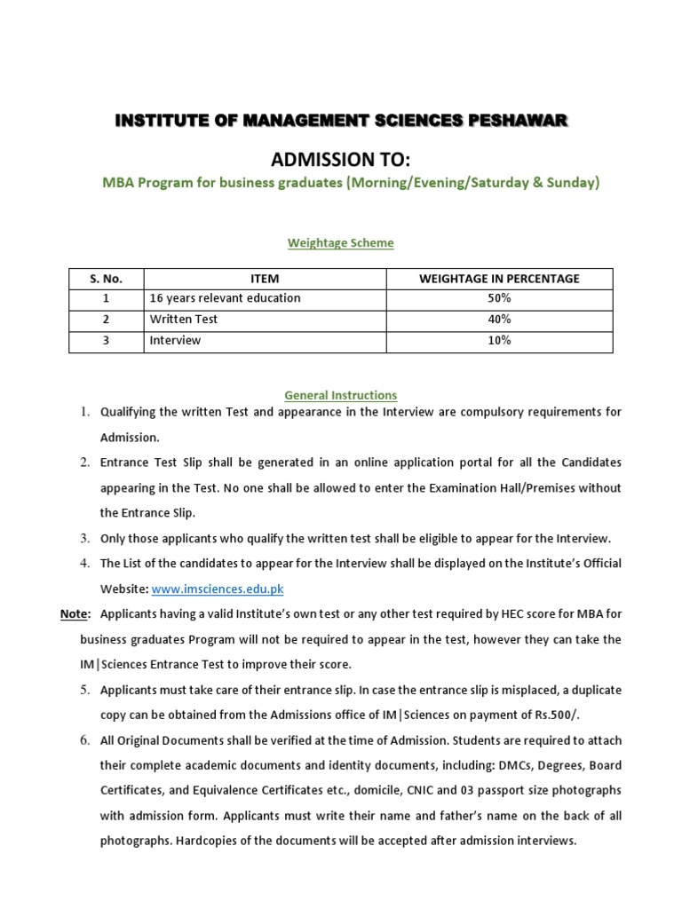 IMSciences MBA Admission Process | PDF