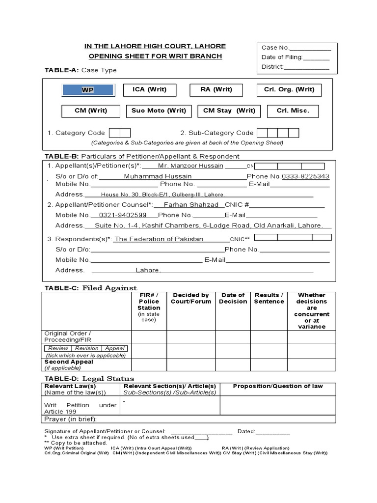 Delhi High Court Listing Proforma