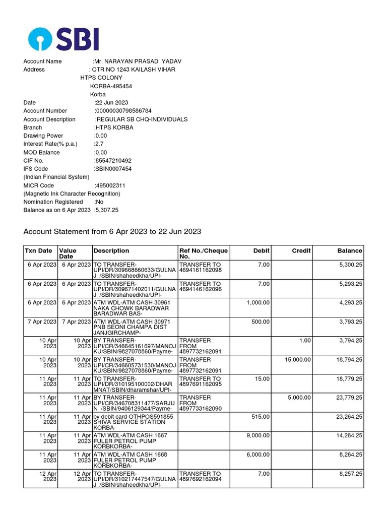 Account Statement From 6 Apr 2023 To 22 Jun 2023: TXN Date Value Date ...