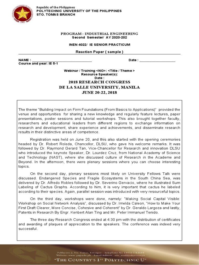 Sample Reaction Paper Webinar Workshop Training | PDF