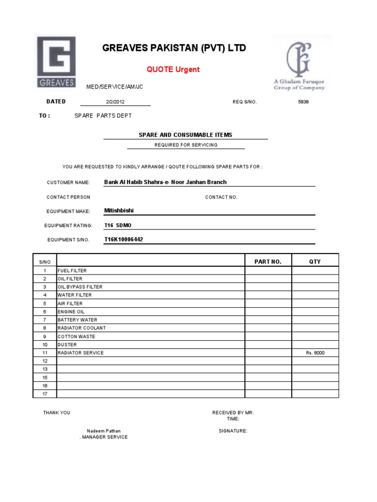 Spare Parts Quote for Mitsubishi Equipment | PDF