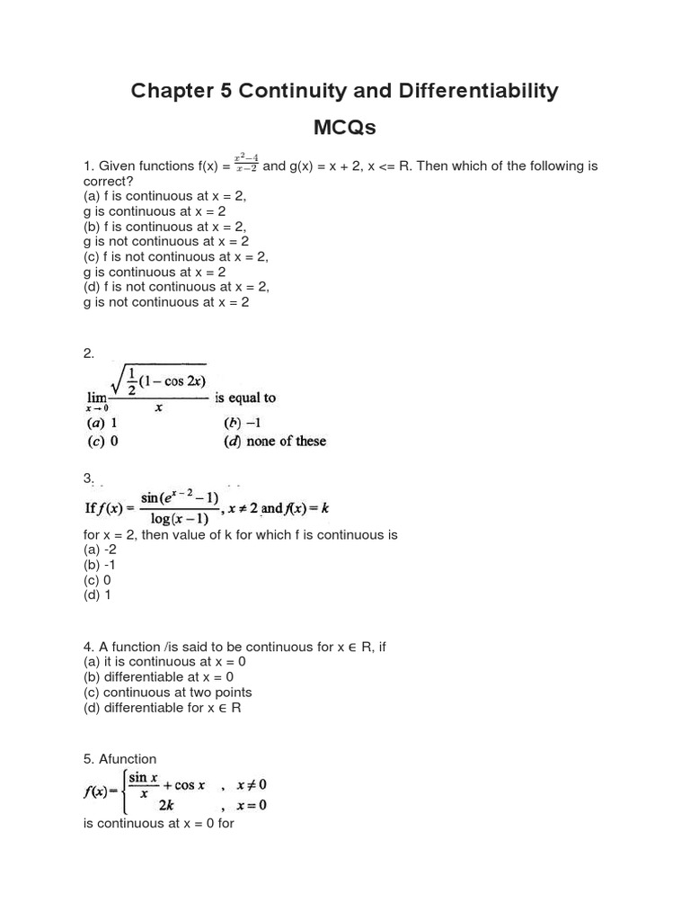 Chapter 5 Continuity and Differentiability Mcqs PDF