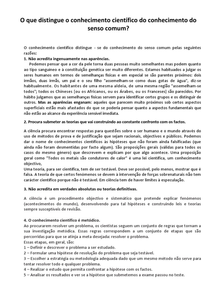 Distinções entre Conhecimento Científico e Senso Comum | PDF