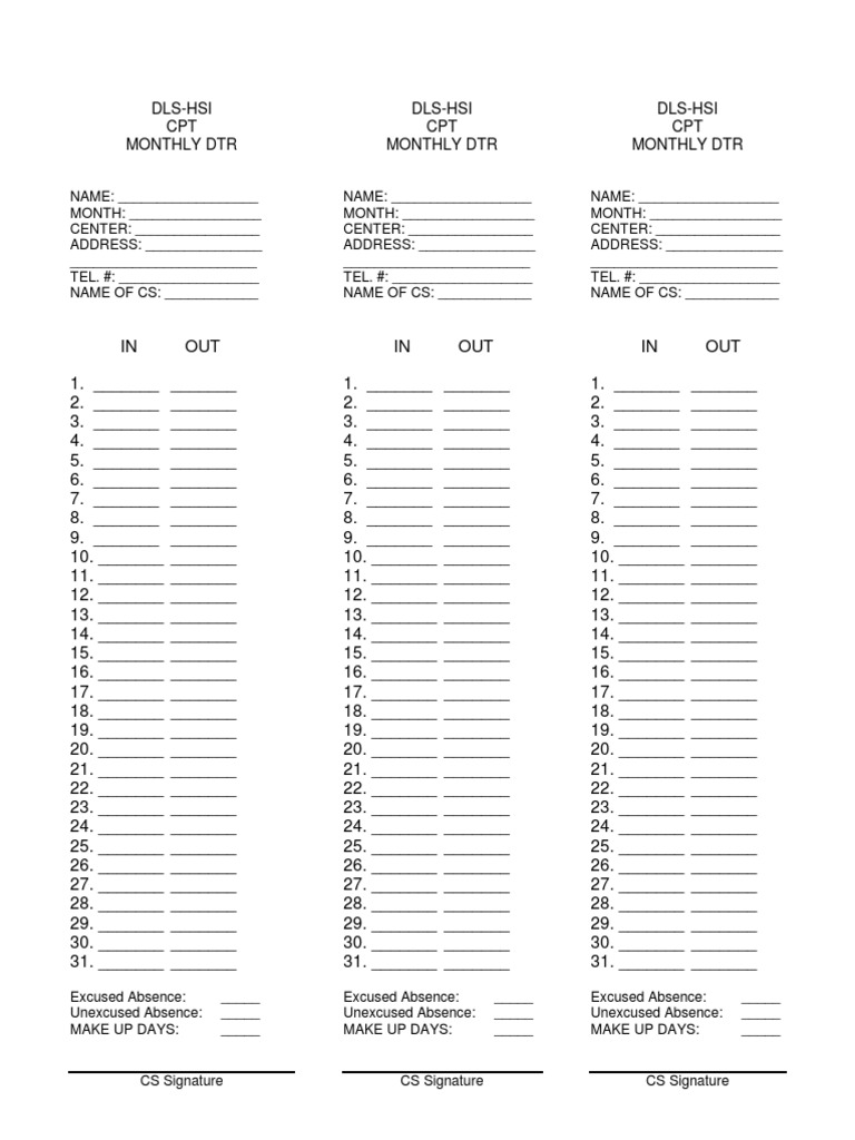 Monthly DTR Template for DLS-HSI CPT | PDF | Career & Growth | Finance ...